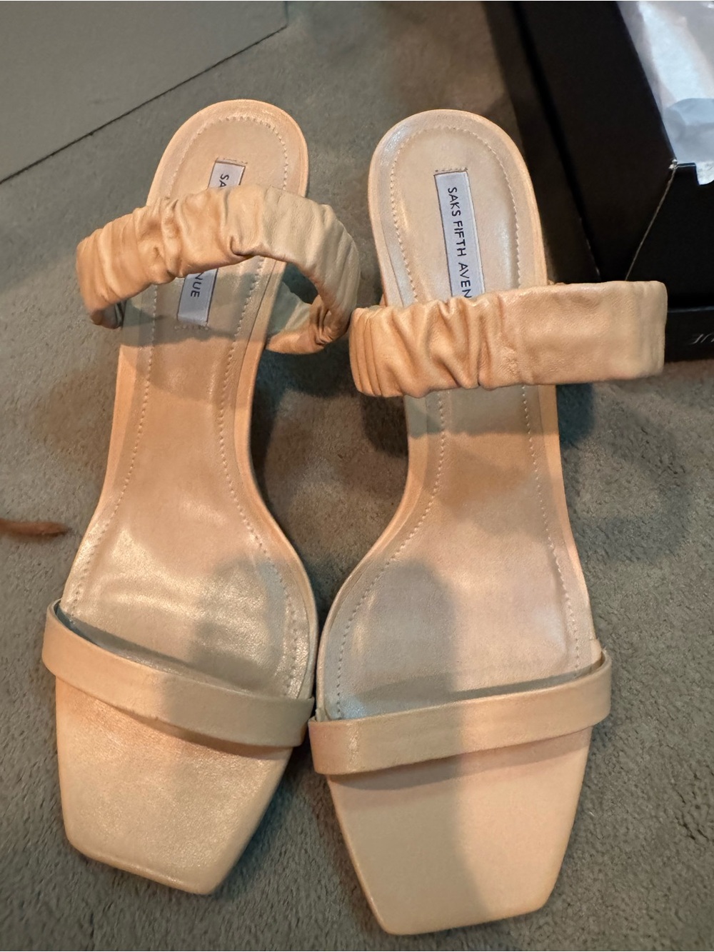 Saks Fifth Avenue Beige Ruched-Strap Square-Toe Slide Heels